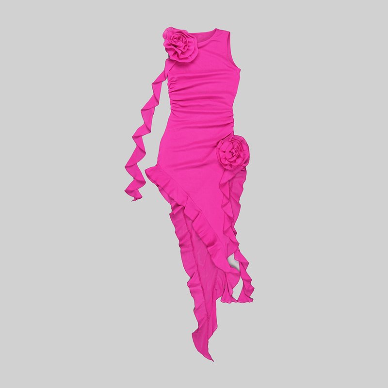 Pink Ruffle Asymmetrical Midi Dress H5686