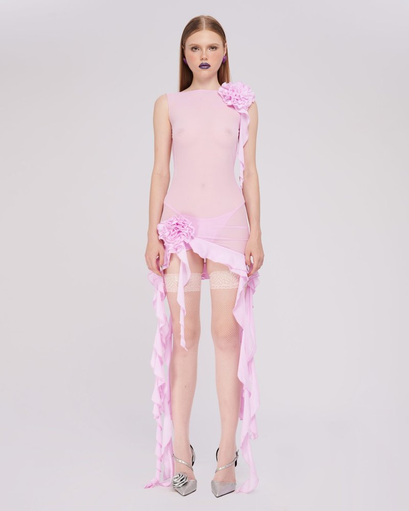 Pink Ruffle Sheer Bodysuit Dress H6016