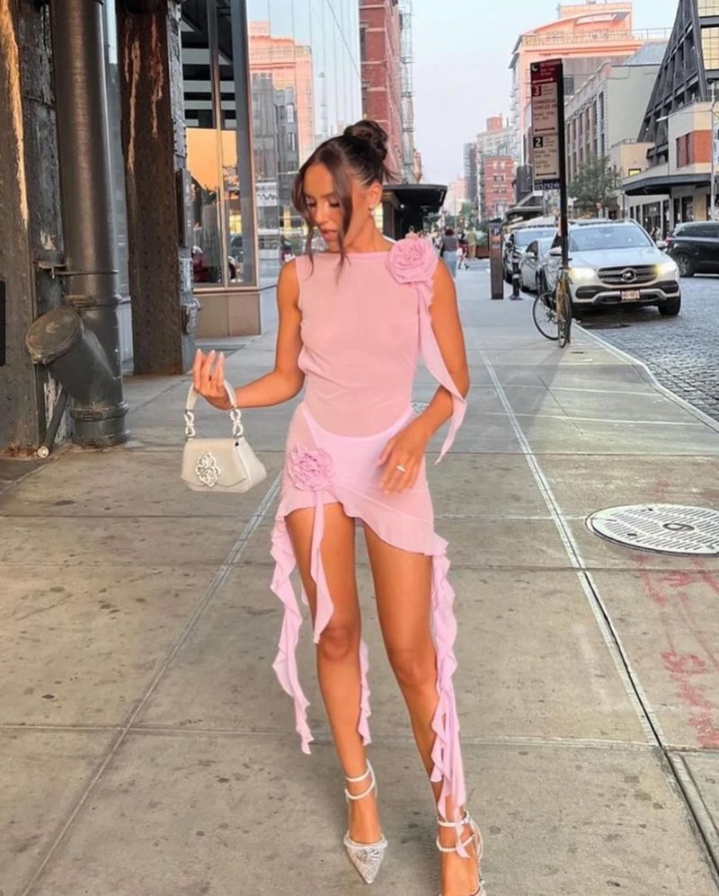 Pink Ruffle Sheer Bodysuit Dress H6016