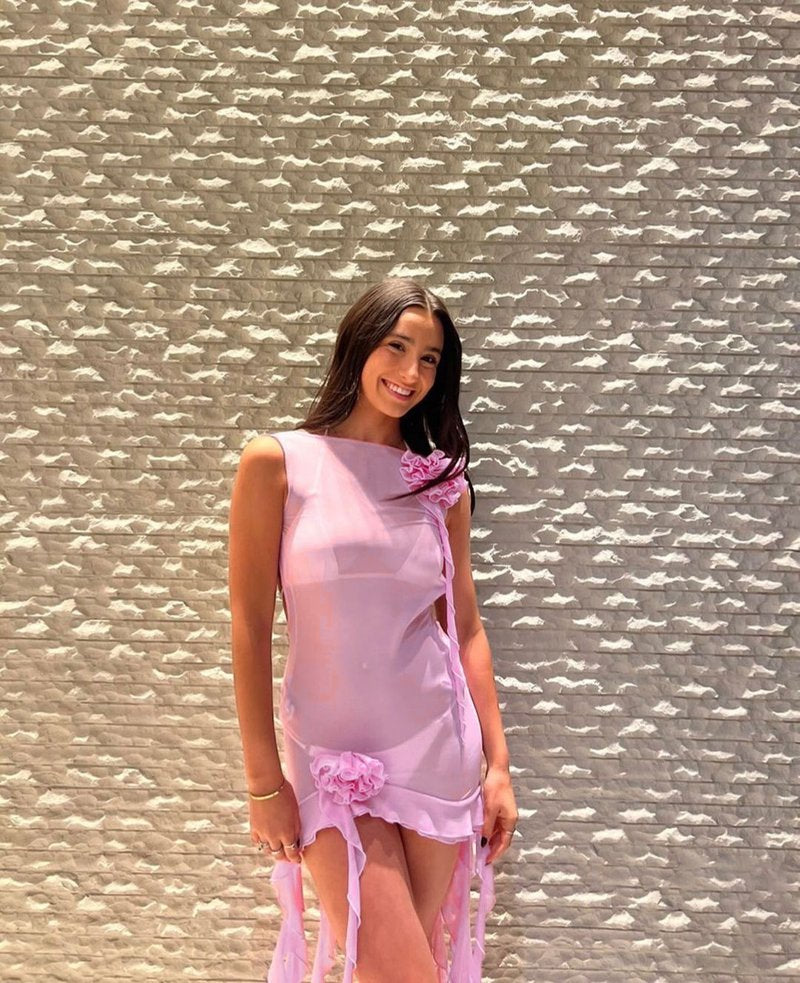 Pink Ruffle Sheer Bodysuit Dress H6016