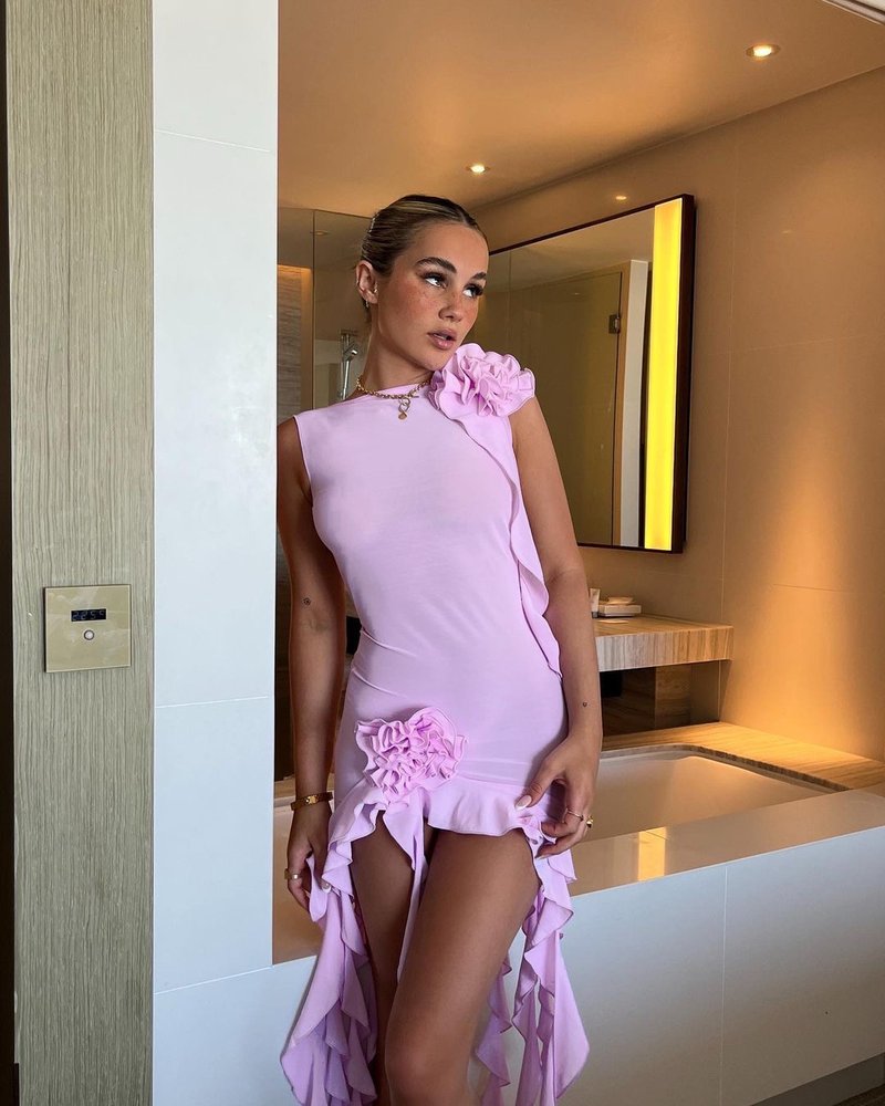 Pink Ruffle Sheer Bodysuit Dress H6016