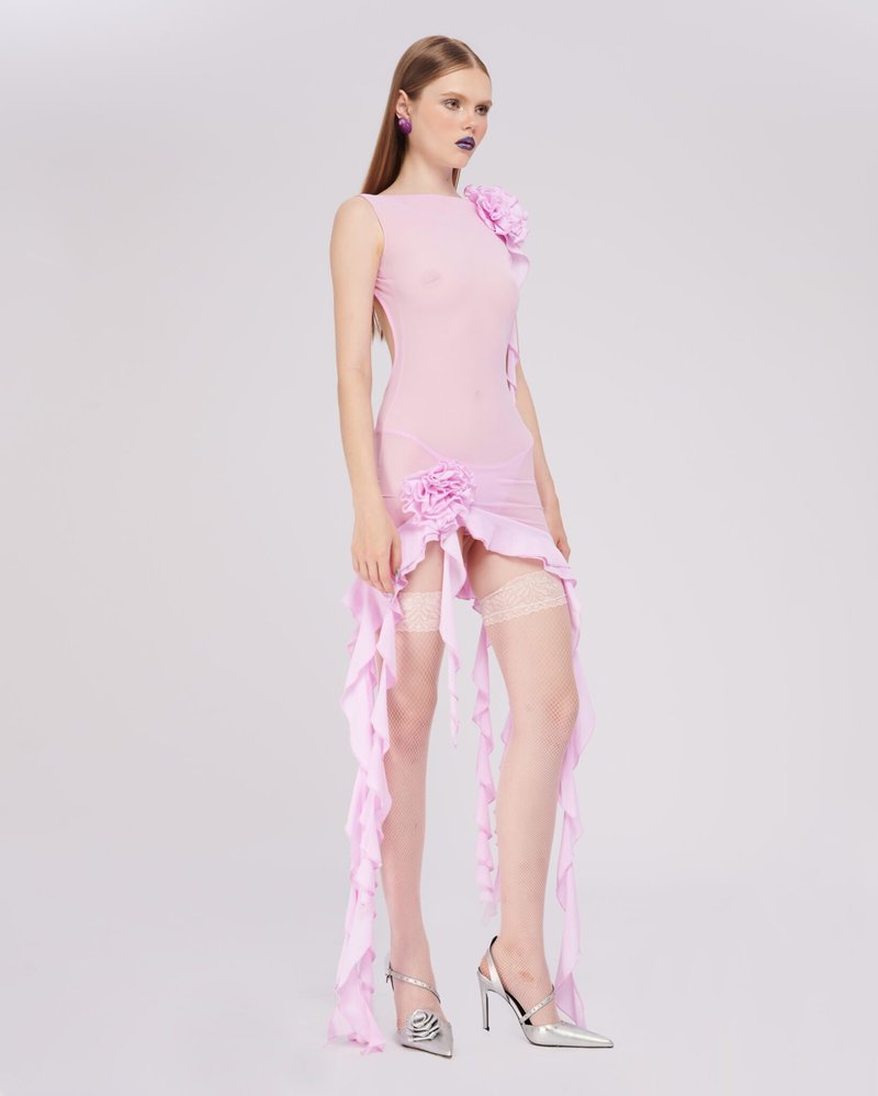 Pink Ruffle Sheer Bodysuit Dress H6016
