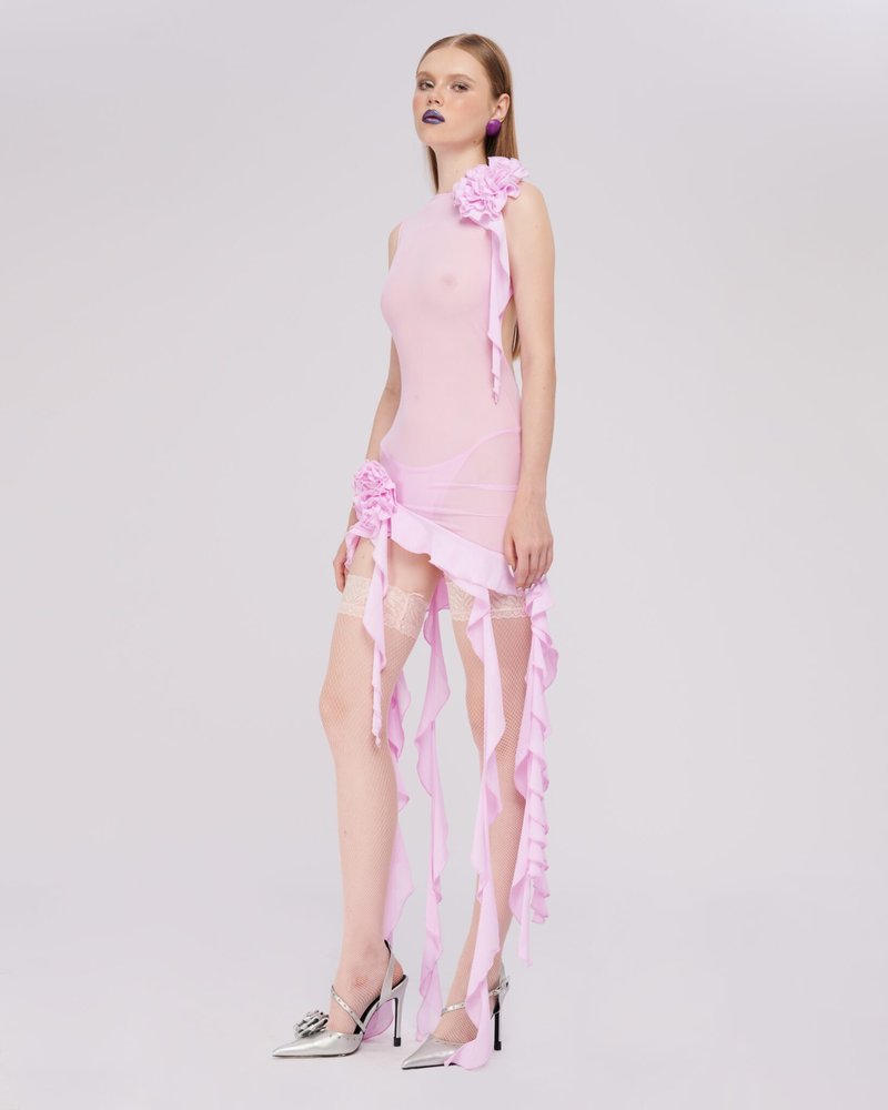 Pink Ruffle Sheer Bodysuit Dress H6016