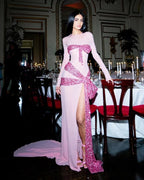 Pink Sequin Bow Gown with High Slit H6670