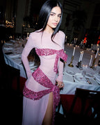 Pink Sequin Bow Gown with High Slit H6670