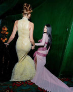 Pink Sequin Bow Gown with High Slit H6670