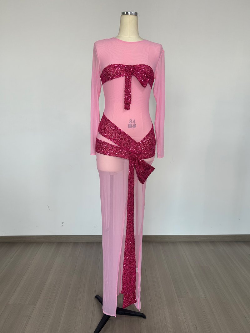 Pink Sequin Bow Gown with High Slit H6670