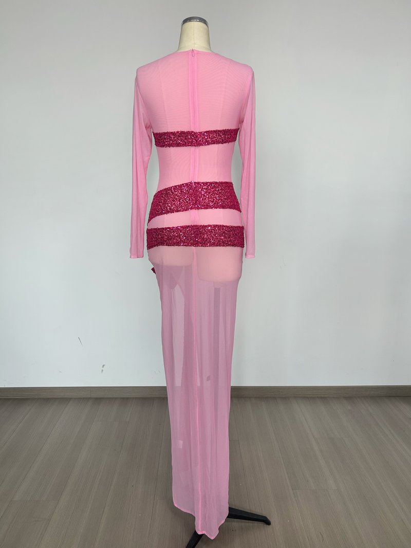 Pink Sequin Bow Gown with High Slit H6670