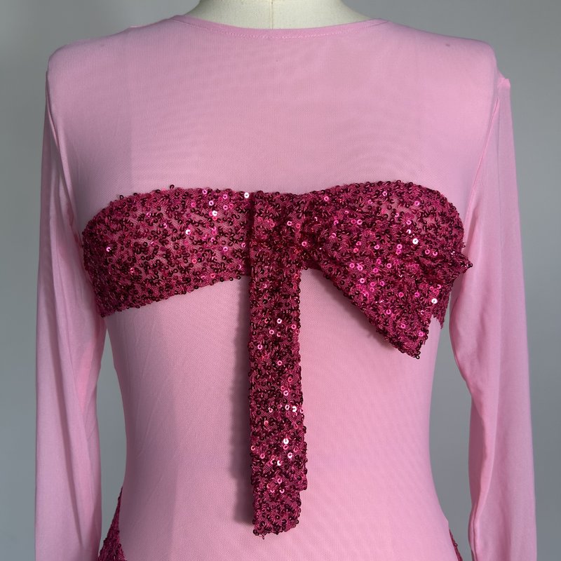Pink Sequin Bow Gown with High Slit H6670