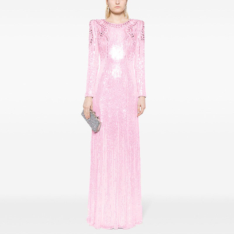 Pink Sequin Long Sleeve Maxi Dress H7001