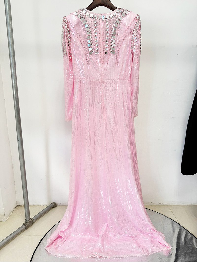 Pink Sequin Long Sleeve Maxi Dress H7001