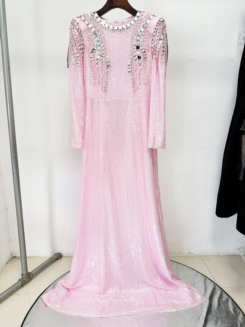 Pink Sequin Long Sleeve Maxi Dress H7001