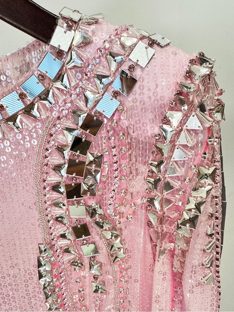 Pink Sequin Long Sleeve Maxi Dress H7001