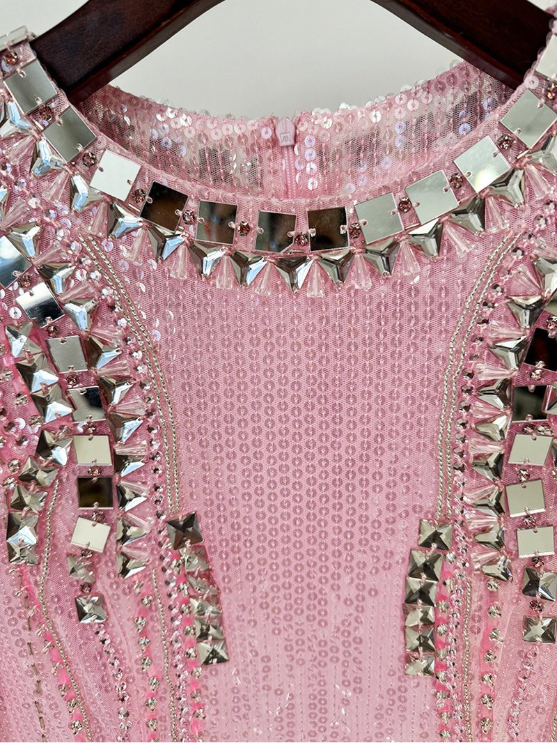 Pink Sequin Long Sleeve Maxi Dress H7001