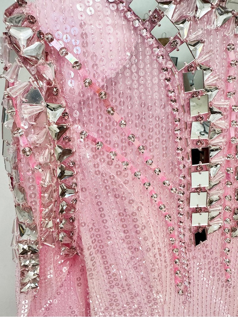 Pink Sequin Long Sleeve Maxi Dress H7001