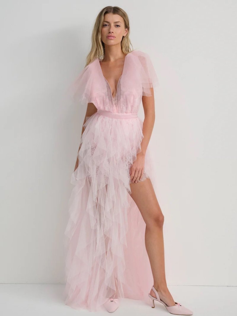 Pink Tulle Ruffle Asymmetrical Gown H6764