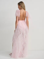 Pink Tulle Ruffle Asymmetrical Gown H6764
