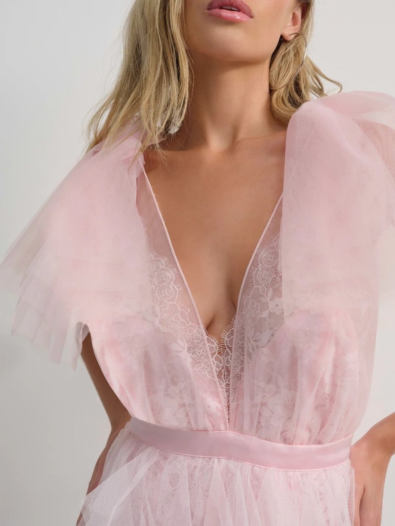 Pink Tulle Ruffle Asymmetrical Gown H6764