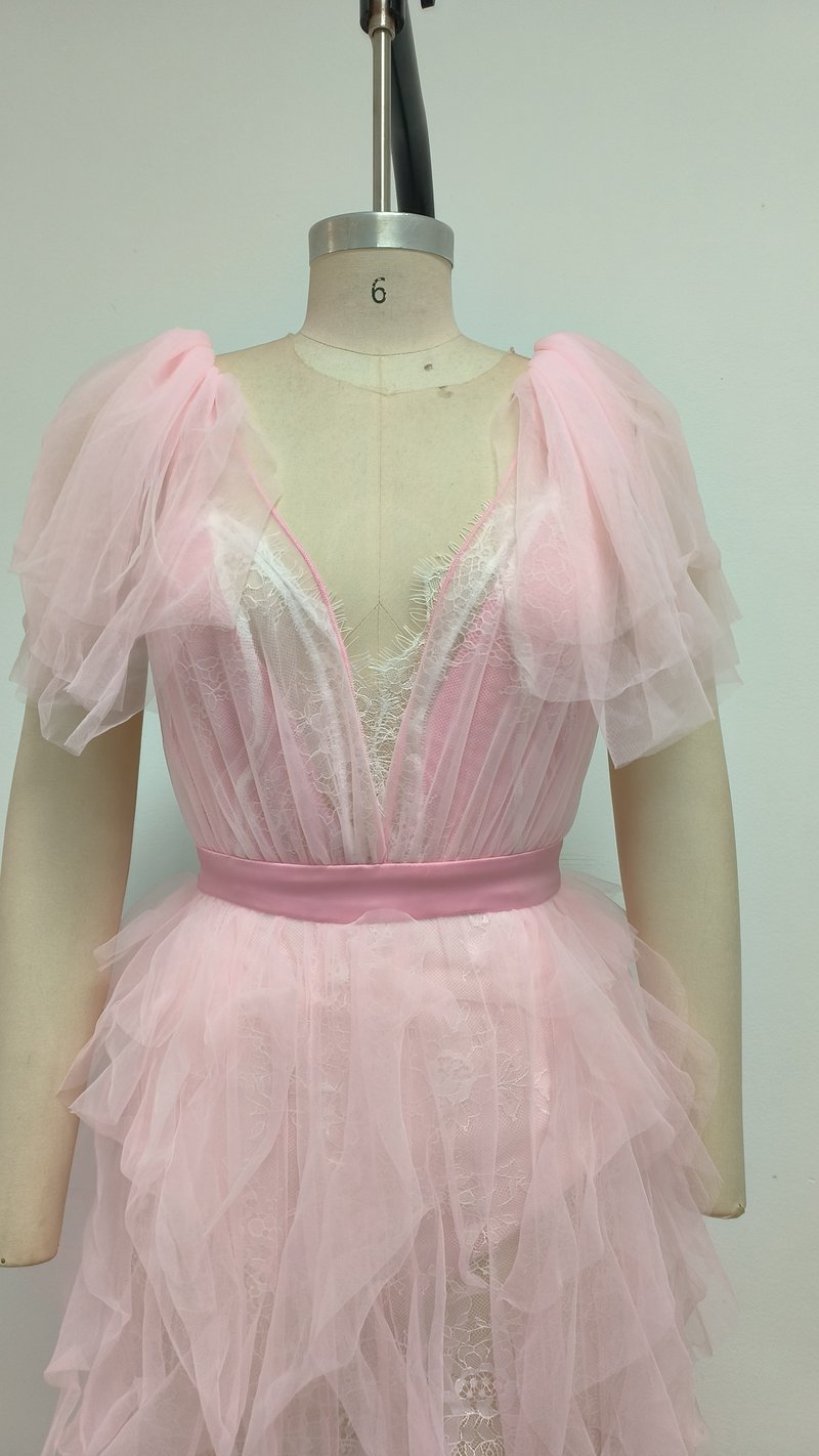 Pink Tulle Ruffle Asymmetrical Gown H6764