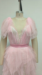 Pink Tulle Ruffle Asymmetrical Gown H6764