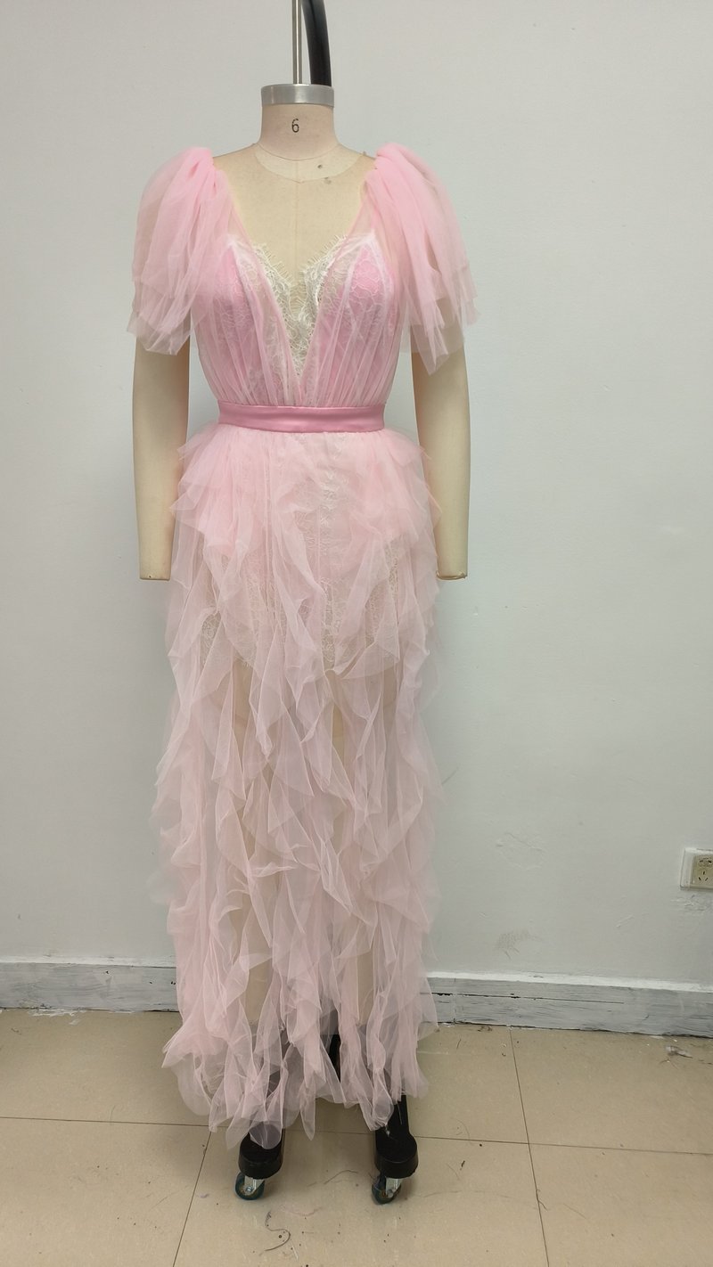 Pink Tulle Ruffle Asymmetrical Gown H6764