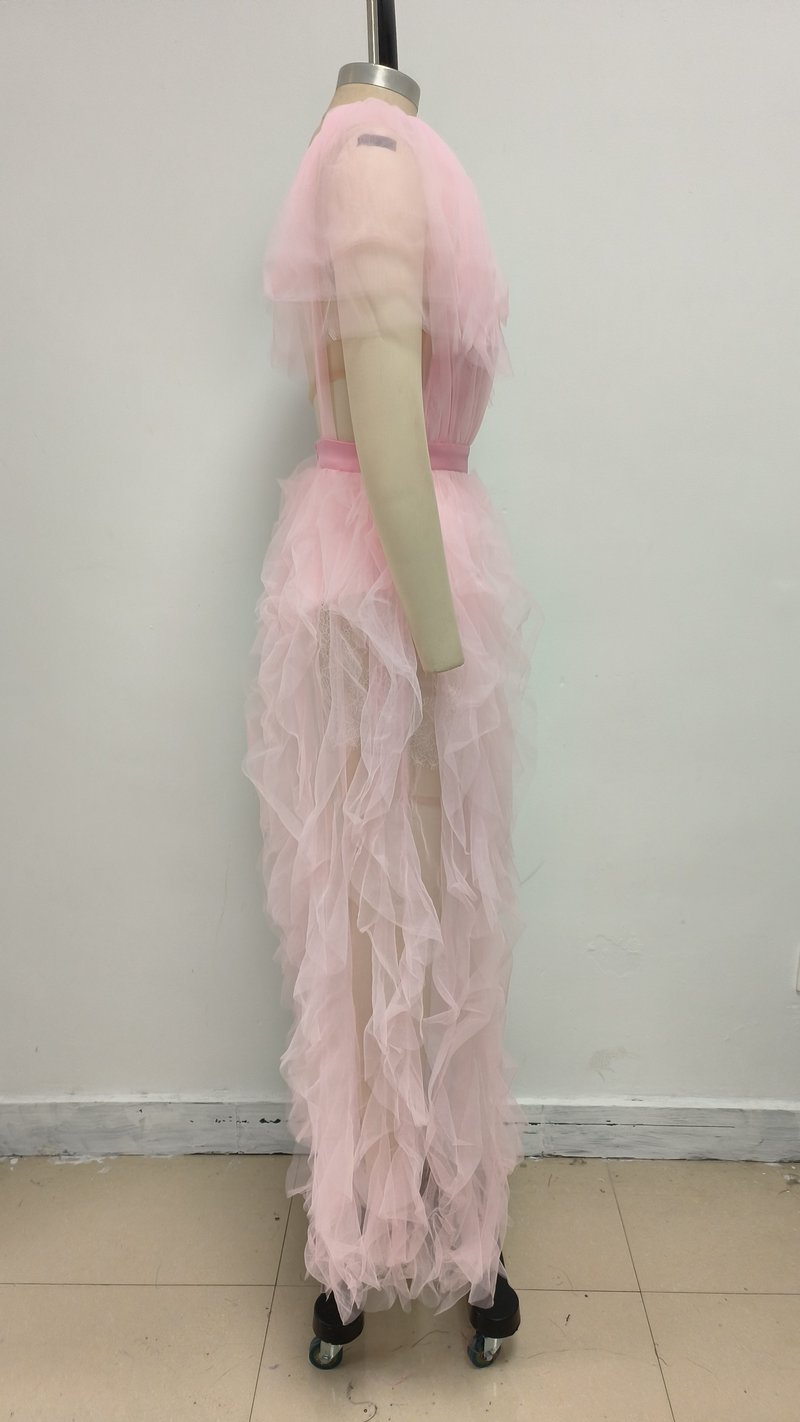 Pink Tulle Ruffle Asymmetrical Gown H6764