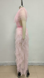 Pink Tulle Ruffle Asymmetrical Gown H6764