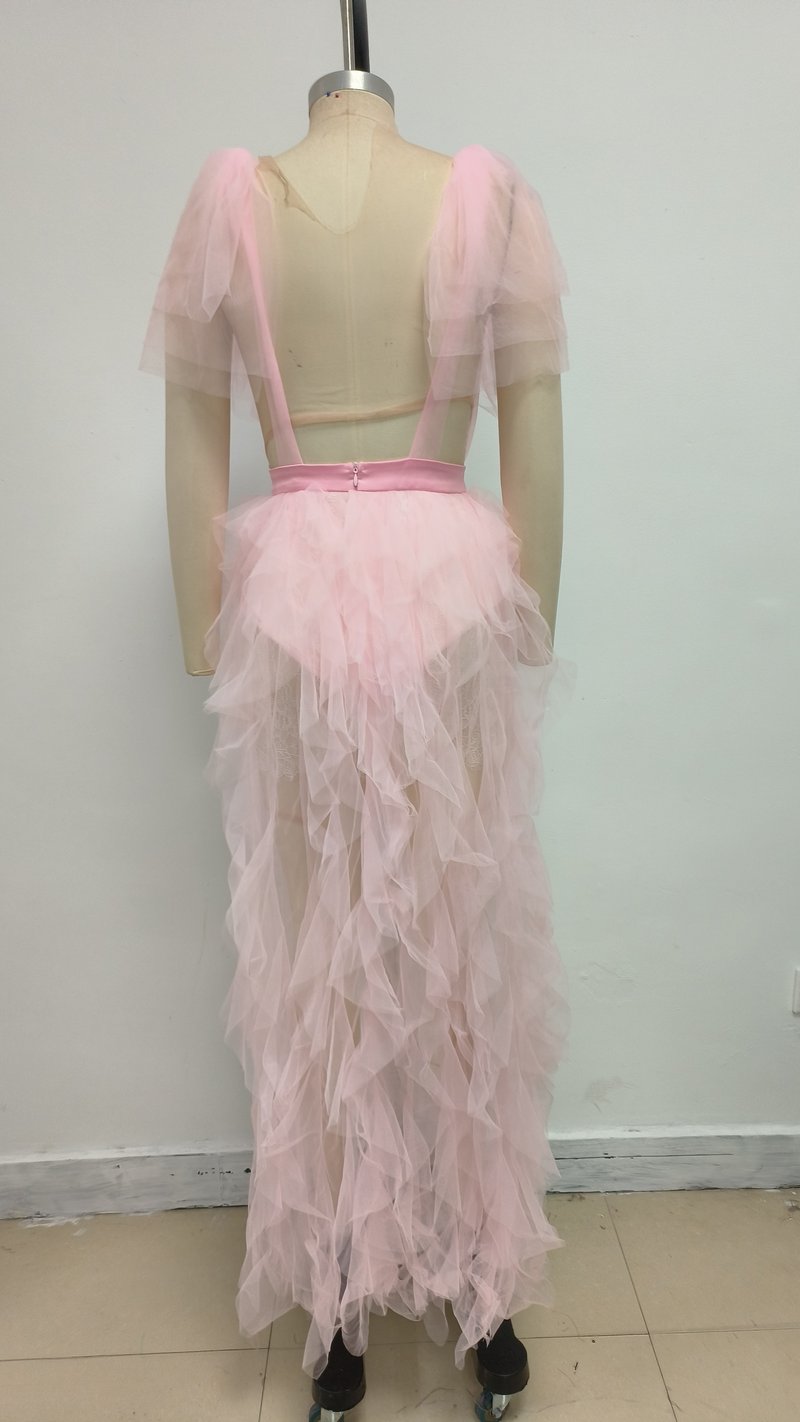 Pink Tulle Ruffle Asymmetrical Gown H6764