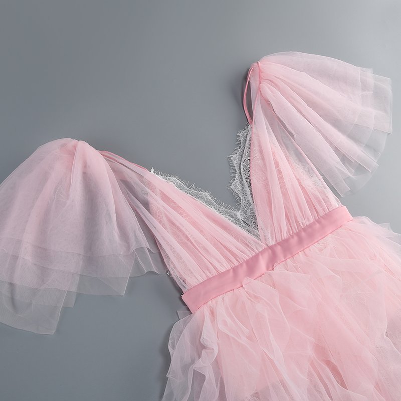 Pink Tulle Ruffle Asymmetrical Gown H6764