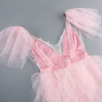 Pink Tulle Ruffle Asymmetrical Gown H6764