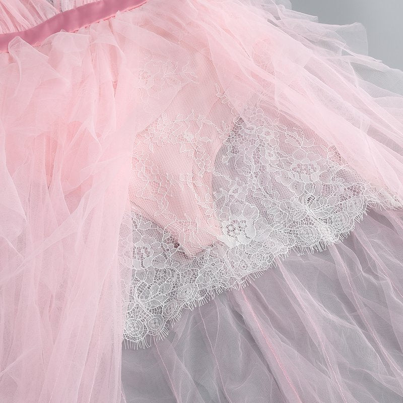 Pink Tulle Ruffle Asymmetrical Gown H6764