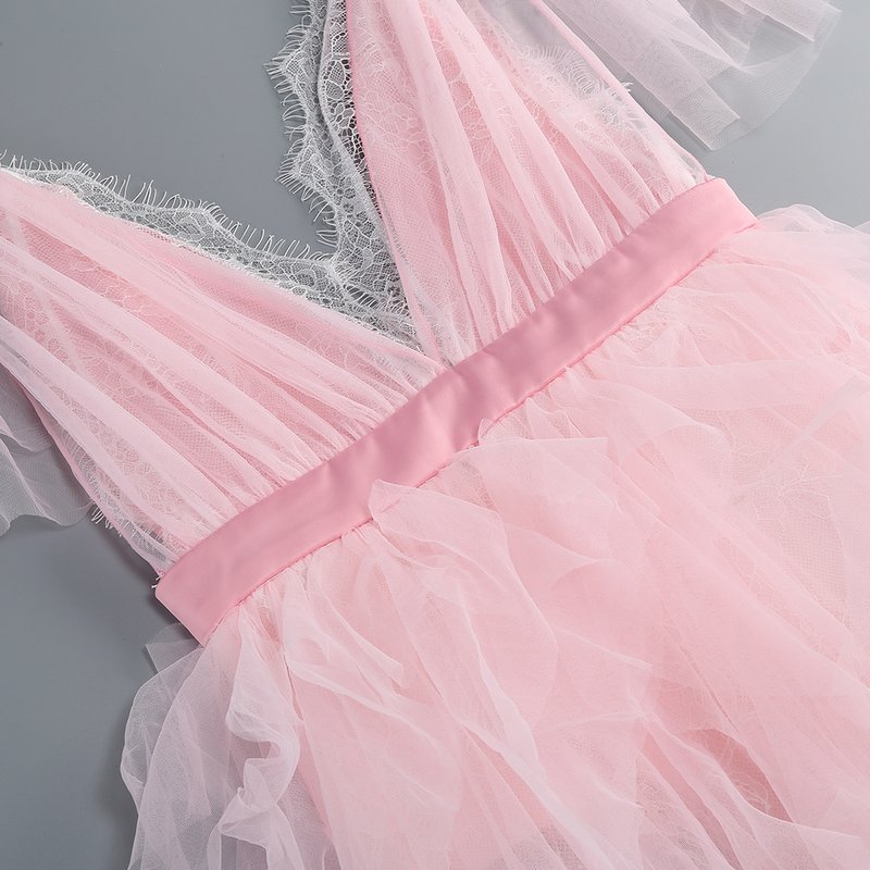Pink Tulle Ruffle Asymmetrical Gown H6764