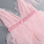 Pink Tulle Ruffle Asymmetrical Gown H6764