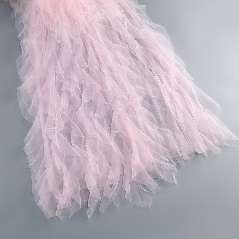 Pink Tulle Ruffle Asymmetrical Gown H6764