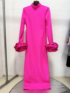 Pink Turtleneck Puff Sleeve Maxi Dress H6999