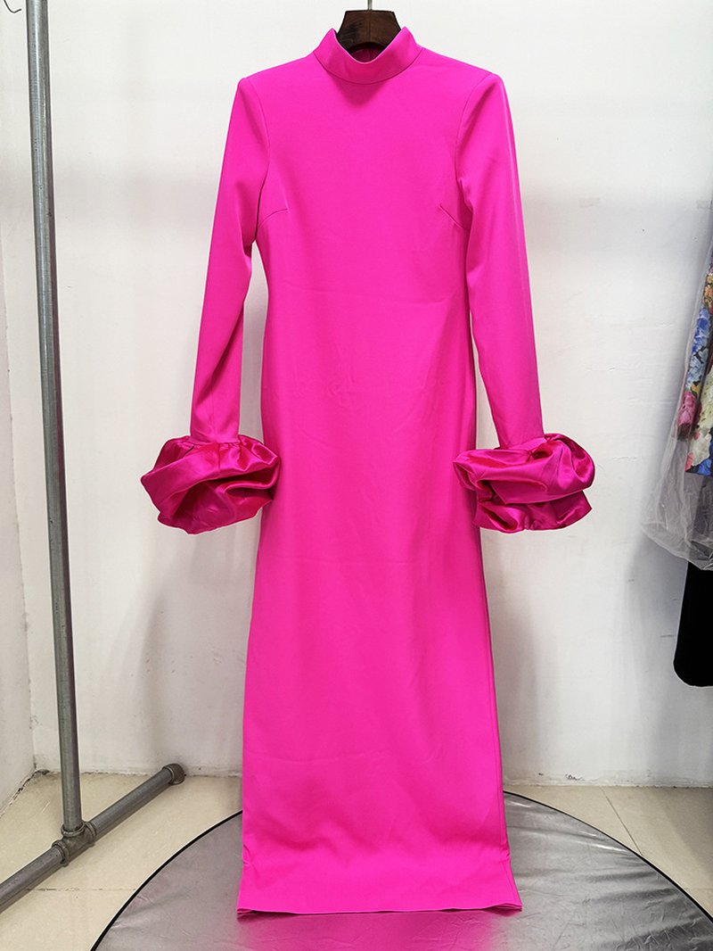 Pink Turtleneck Puff Sleeve Maxi Dress H6999