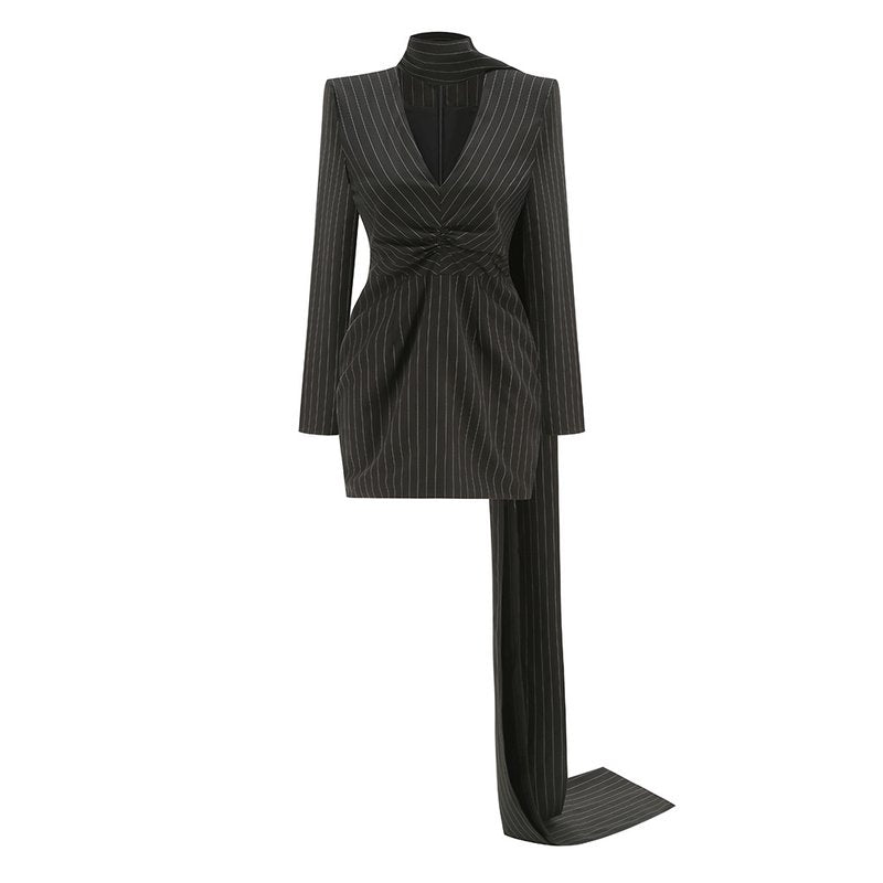 Pinstripe Long Sleeve Mini Dress with Train H7124