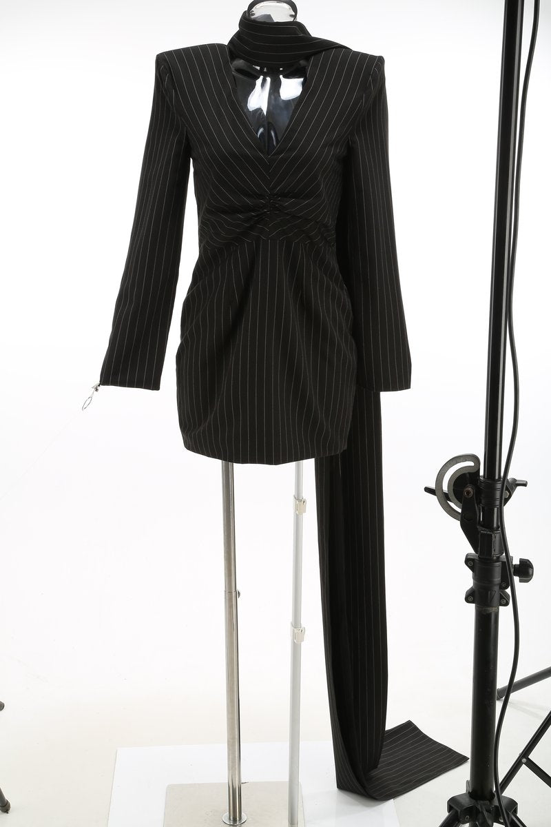 Pinstripe Long Sleeve Mini Dress with Train H7124