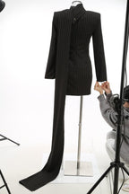 Pinstripe Long Sleeve Mini Dress with Train H7124