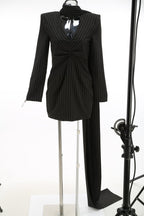 Pinstripe V-Neck Mini Dress with Train H7124