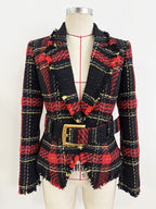 Plaid Fringe Blazer with Belt H7083