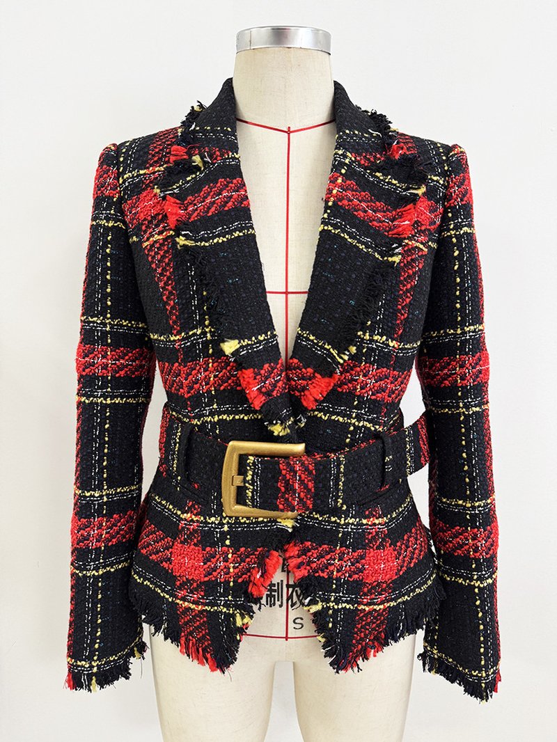 Plaid Fringe Blazer with Belt H7083