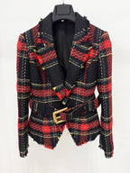 Plaid Fringe Blazer with Belt H7083