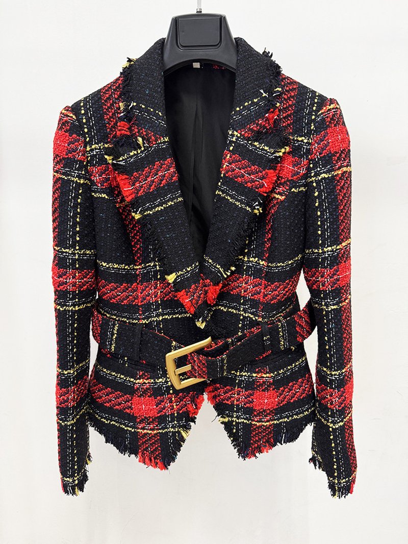 Plaid Fringe Blazer with Belt H7083