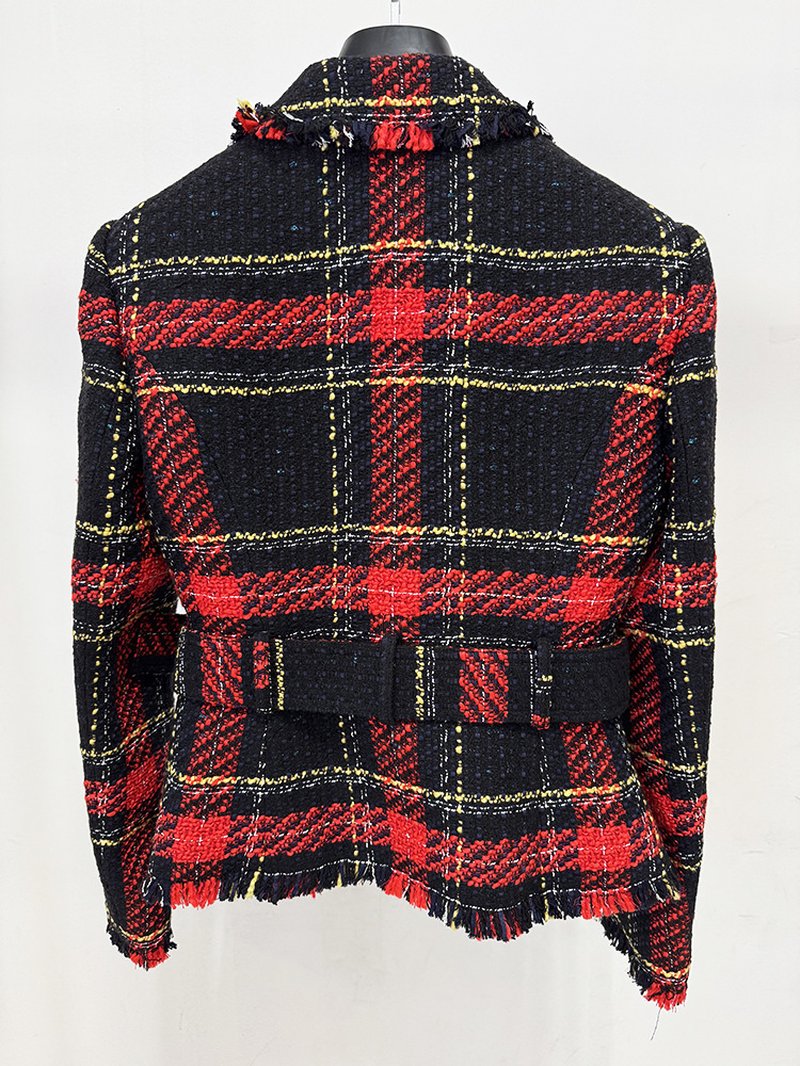 Plaid Fringe Blazer with Belt H7083