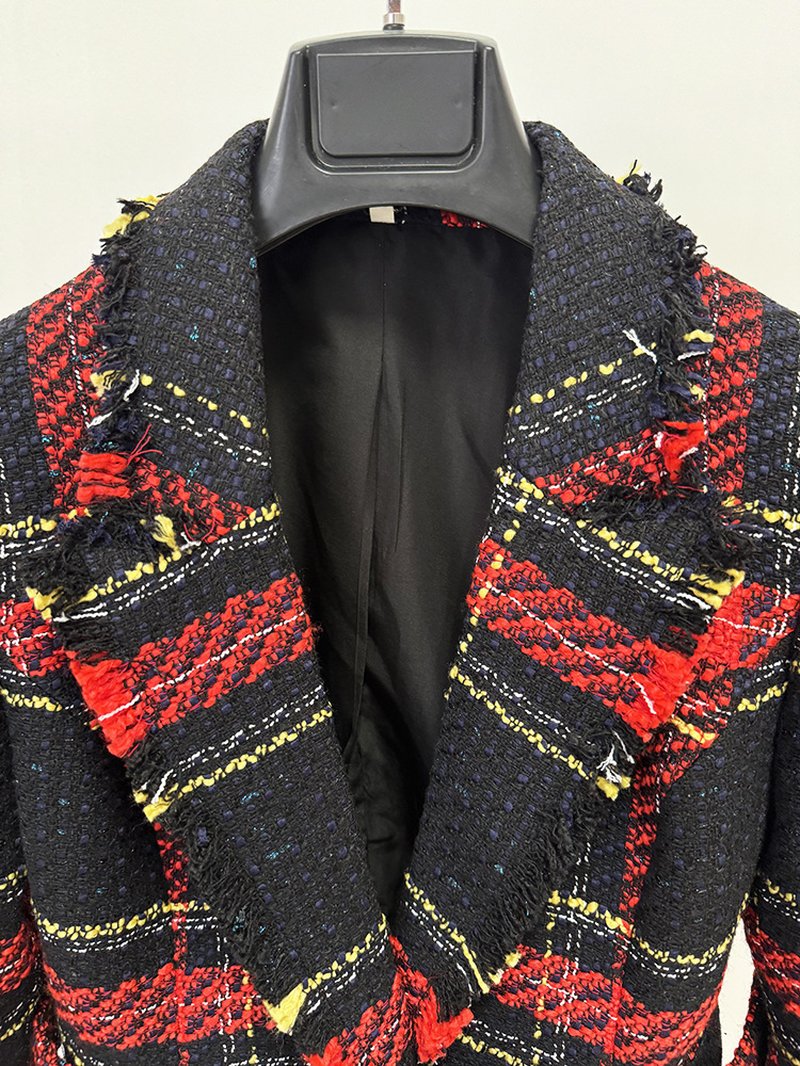 Plaid Fringe Blazer with Belt H7083