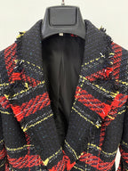 Plaid Fringe Blazer with Belt H7083