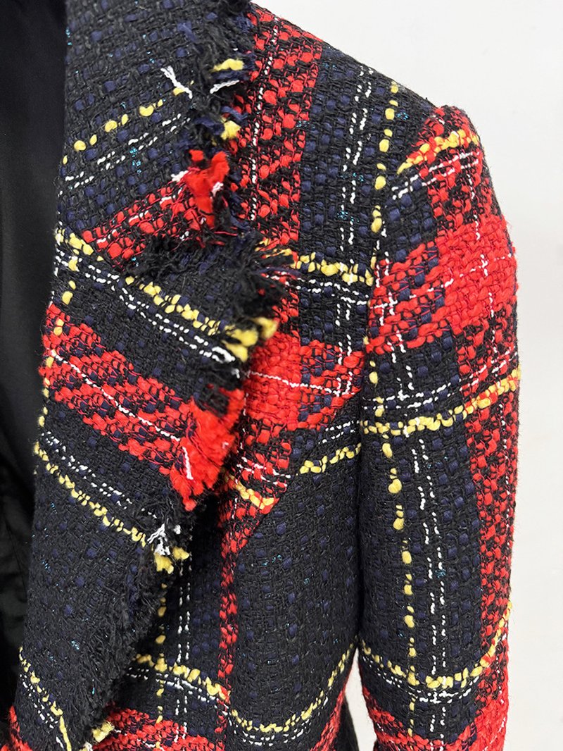 Plaid Fringe Blazer with Belt H7083