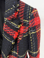 Plaid Fringe Blazer with Belt H7083