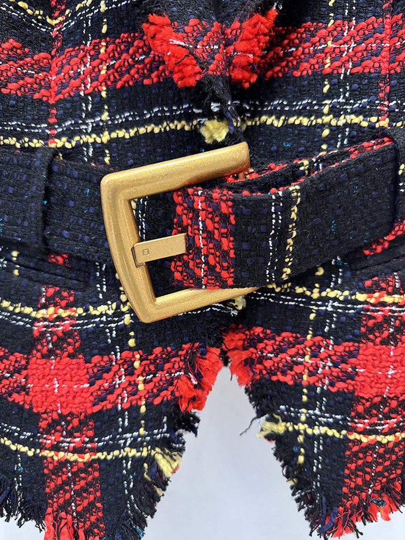 Plaid Fringe Blazer with Belt H7083